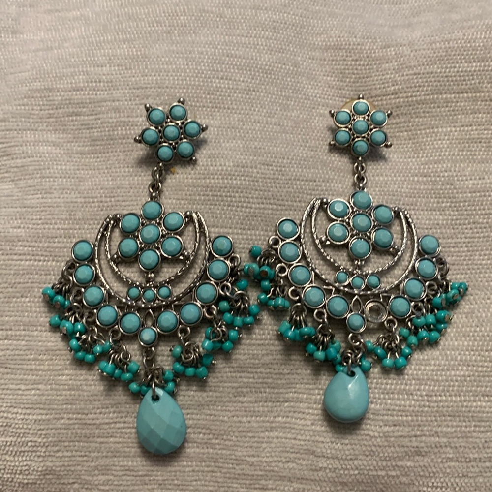 Fun Faux Turquoise and Silver Statement Earrings EUC